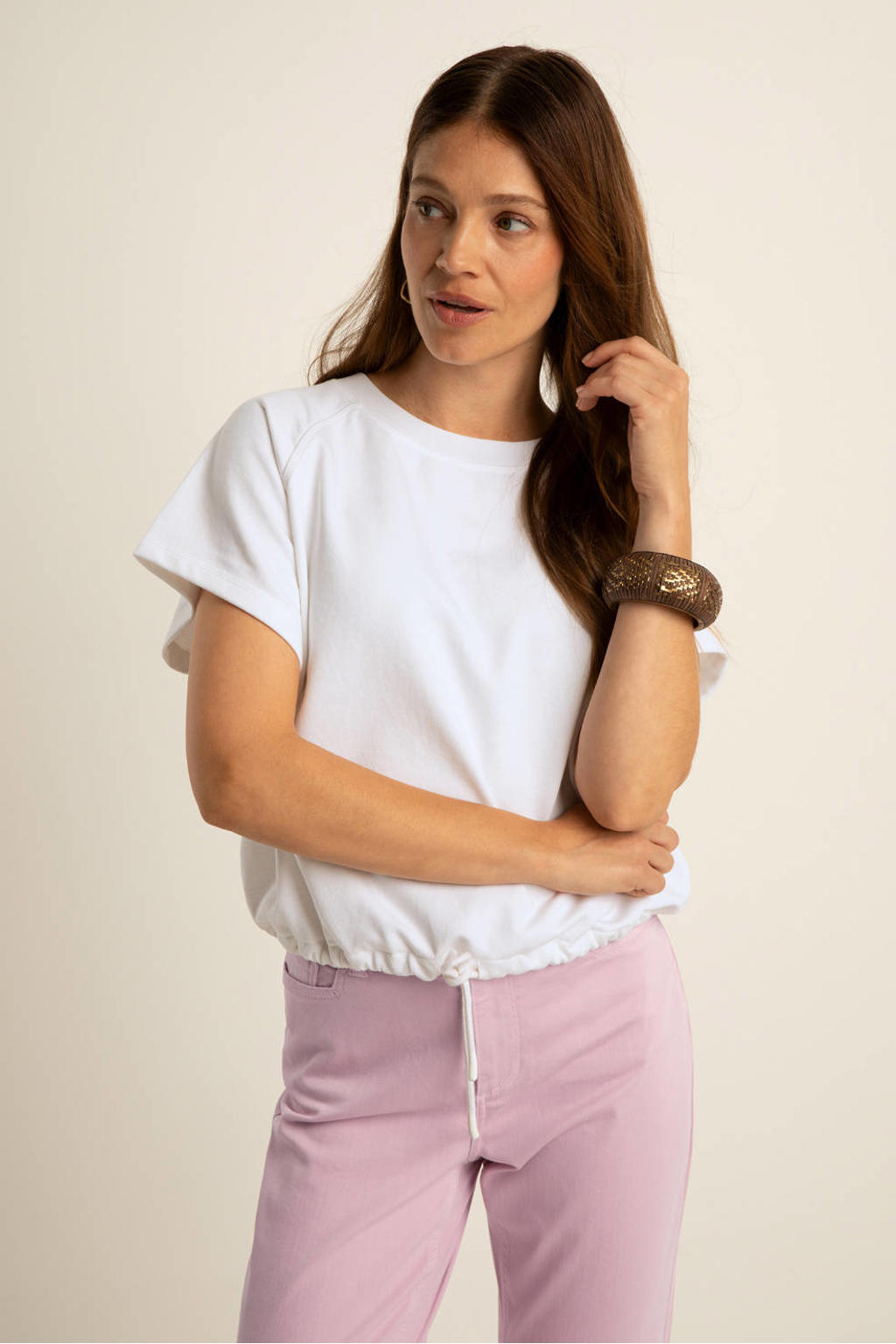 Witte dames Expresso top met effen, lange mouwen, ronde hals en tunnelkoord