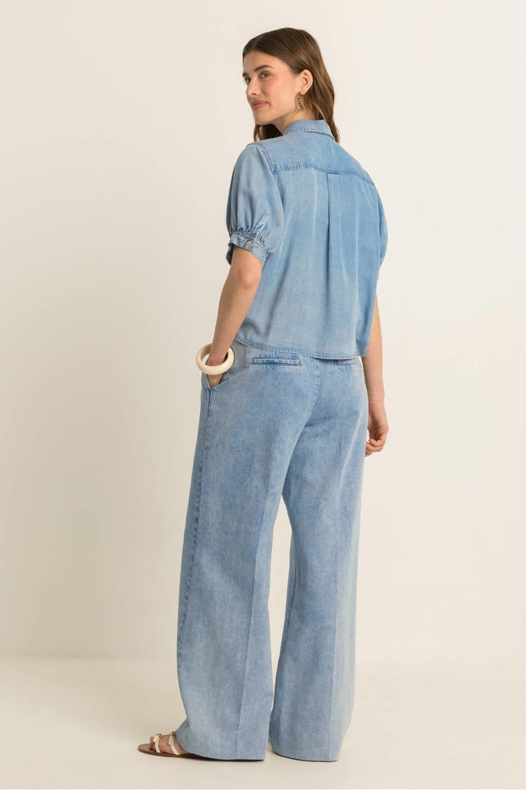 Light blue denim dames Expresso blouse van lyocell met effen, driekwart mouwen, klassieke kraag en knoopsluiting