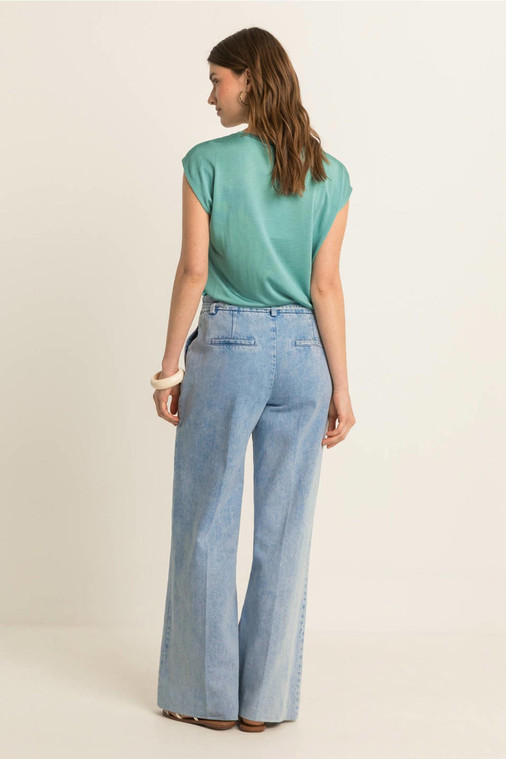 Mintgroene dames Expresso top met effen, korte mouwen en ronde hals