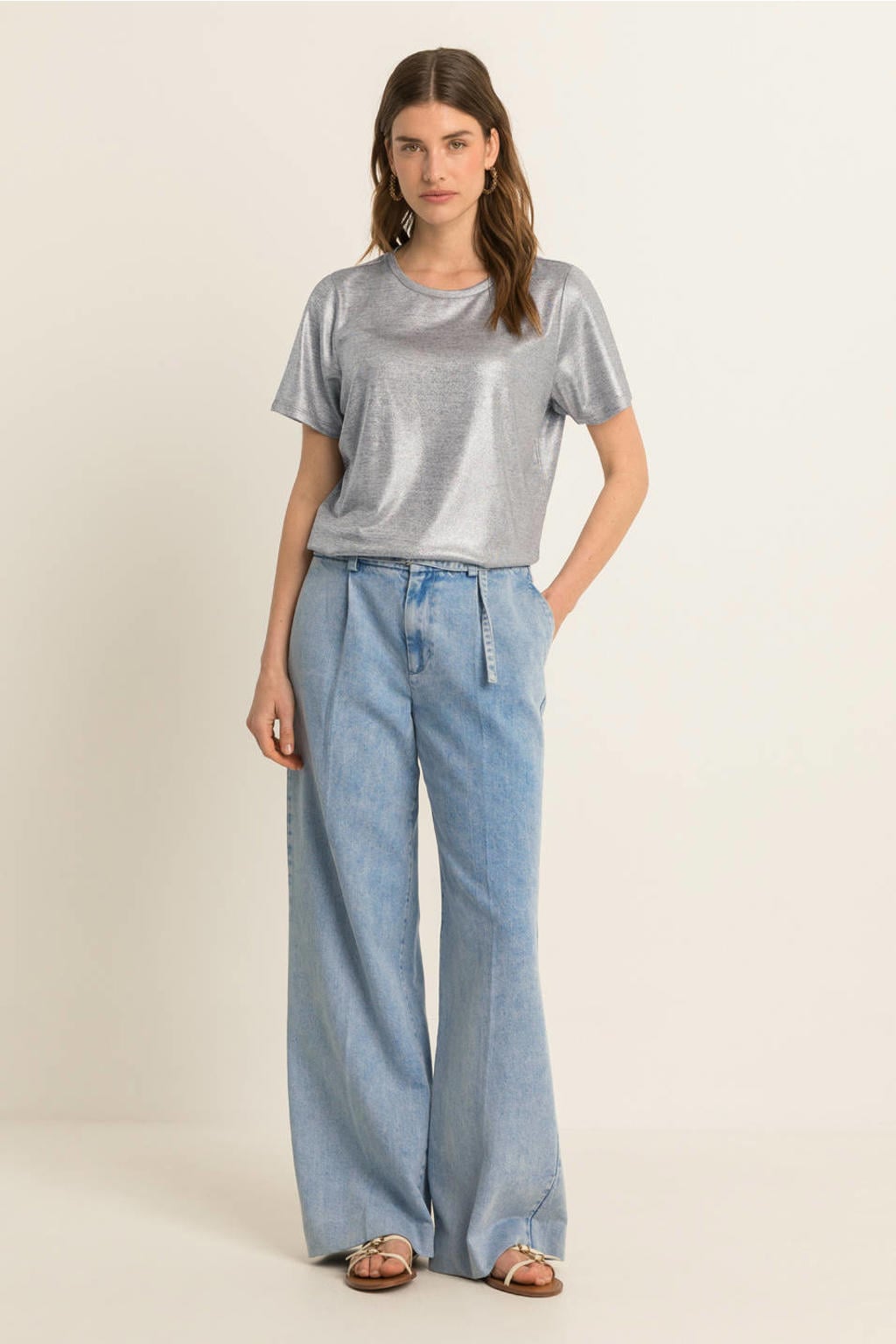 Zilverkleurige dames Expresso T-shirt met effen, korte mouwen, ronde hals en glimmend detail