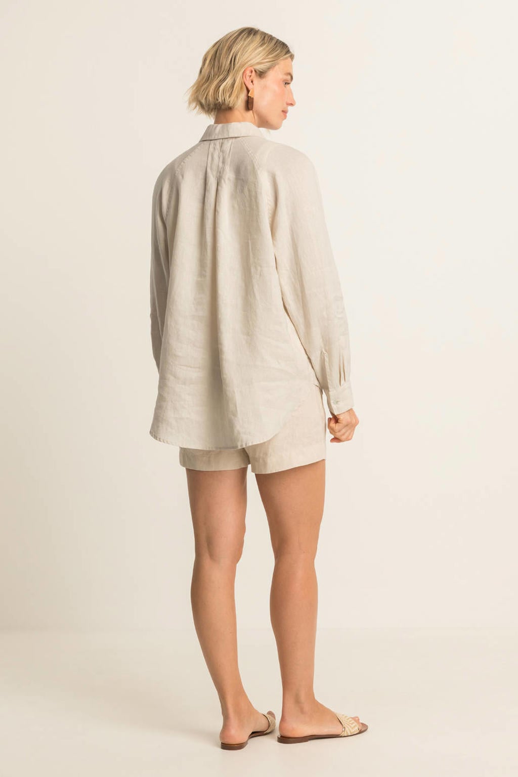 Beige dames Expresso linnen blouse met effen, lange mouwen, klassieke kraag en knoopsluiting