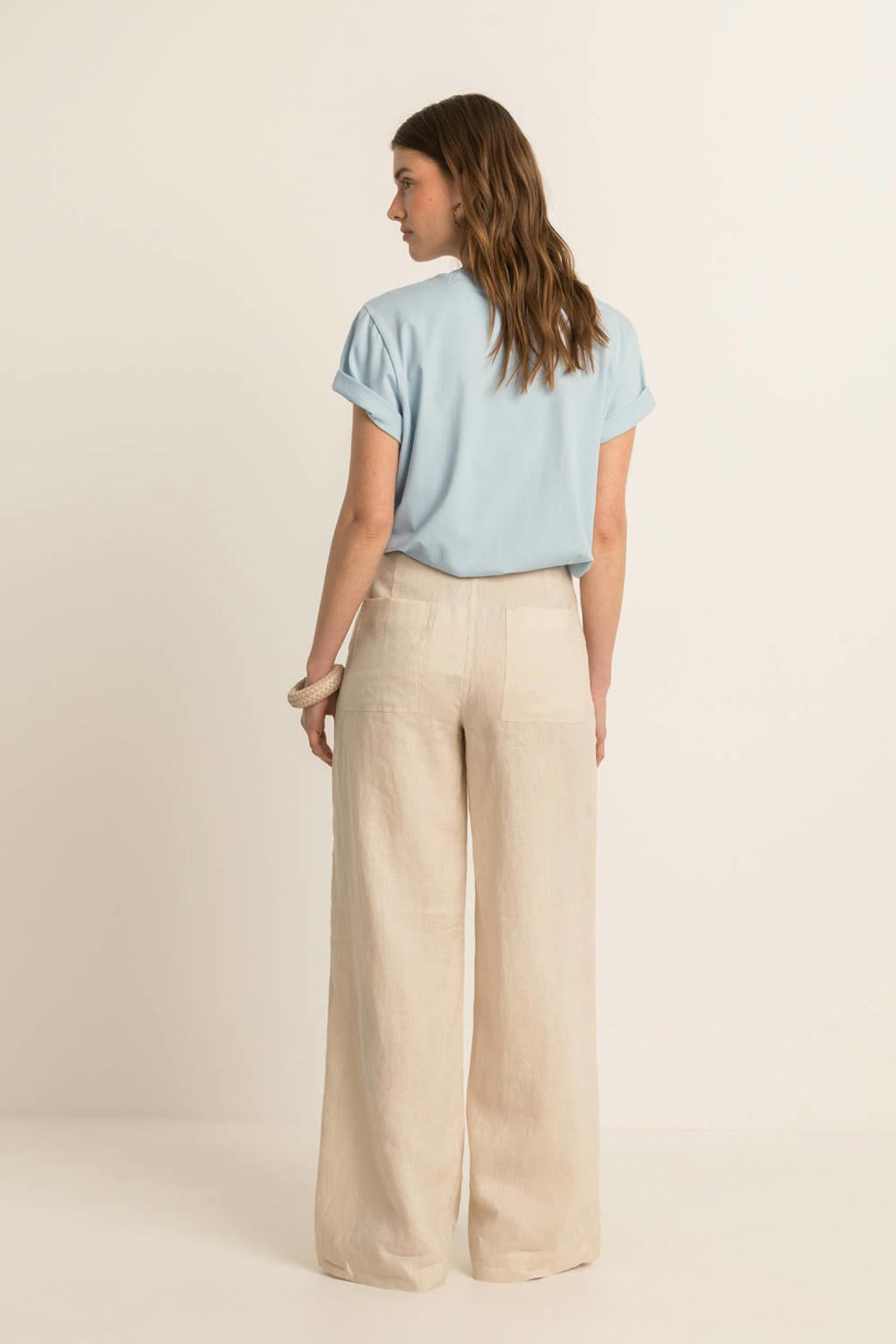 Lichtblauwe dames Expresso T-shirt van katoen met effen, korte mouwen en ronde hals