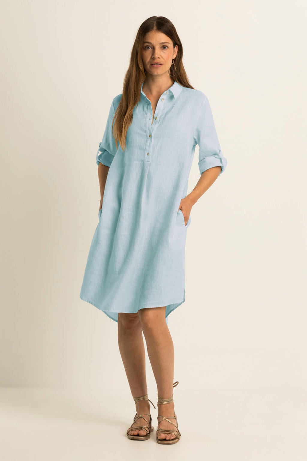 Lichtblauwe dames Expresso linnen blousejurk met effen, driekwart mouwen, klassieke kraag, knoopsluiting en oprolfunctie