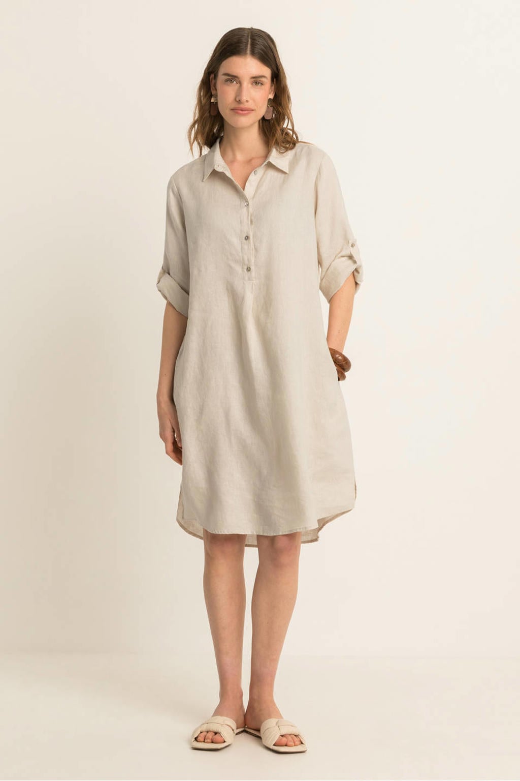 Beige dames Expresso linnen blousejurk met effen, driekwart mouwen, klassieke kraag, knoopsluiting en oprolfunctie