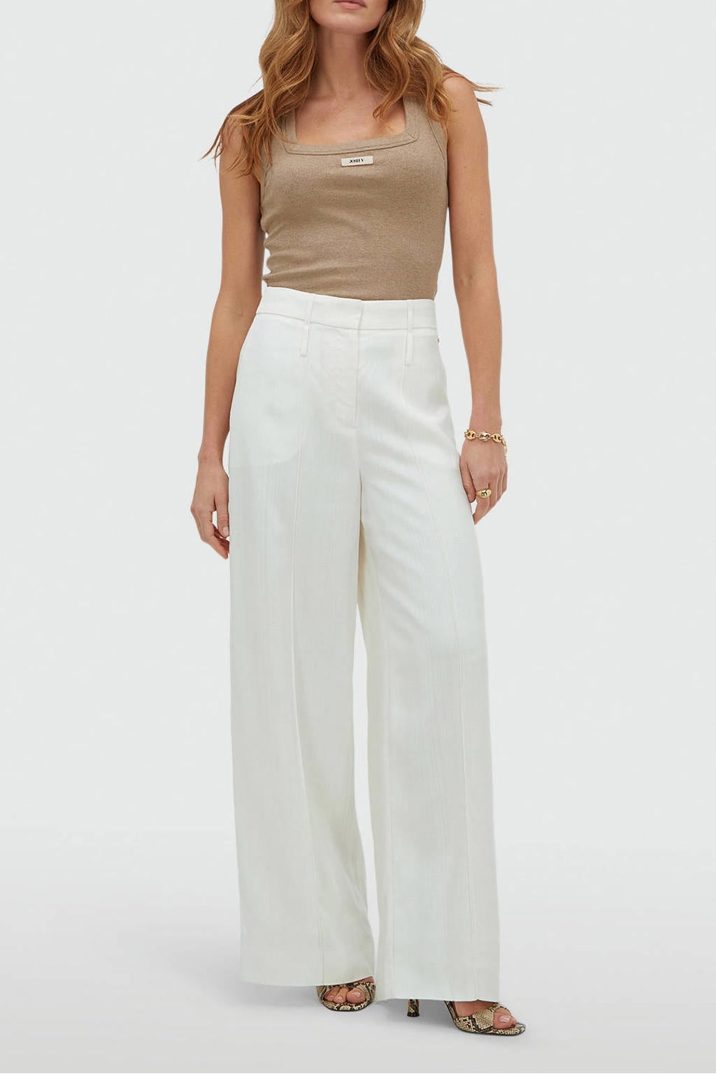 Bruine dames JOSH V top rib gebreid met logo dessin en vierkante hals