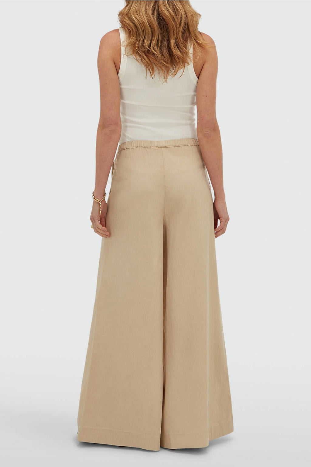 Beige dames JOSH V wide leg high waist broek van katoen met effen