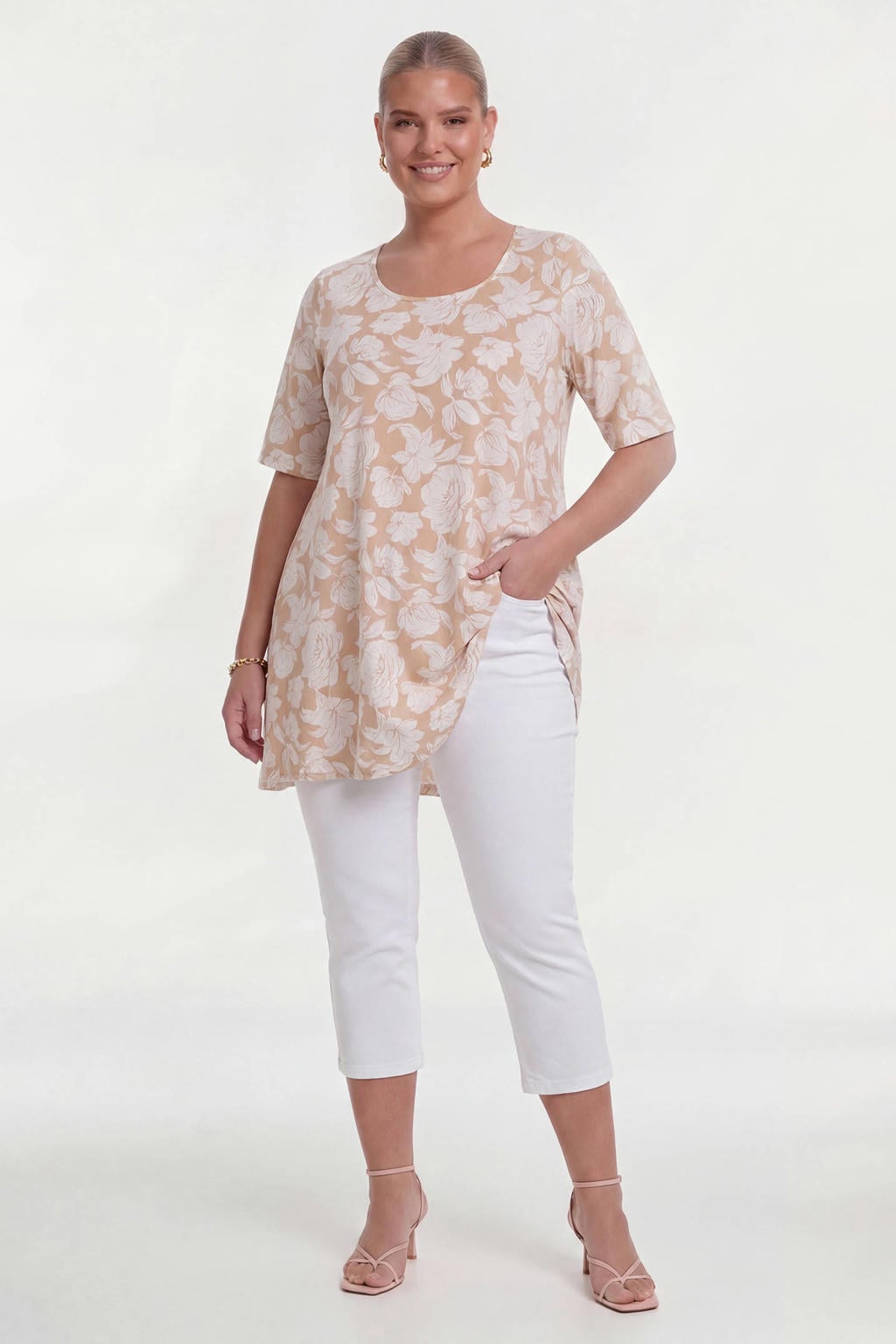 YOEK gebloemde tuniek beige