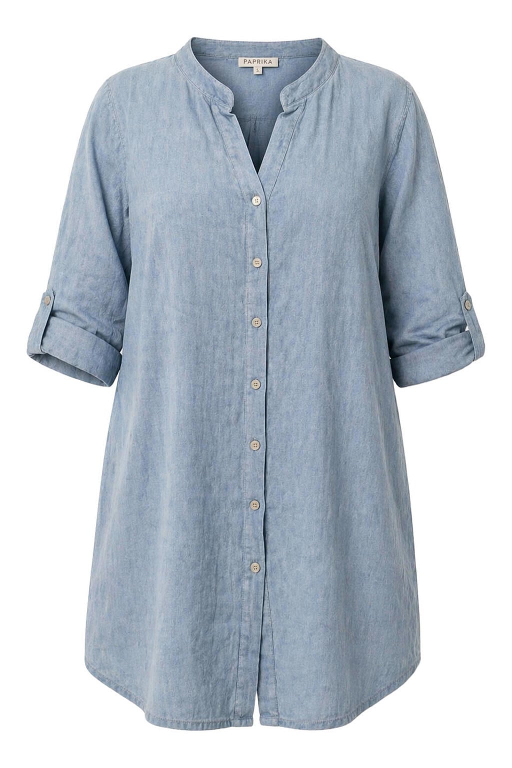 Medium blue denim dames Paprika satijnen blouse Plus Size mediumblauw met effen, driekwart mouwen en knoopsluiting