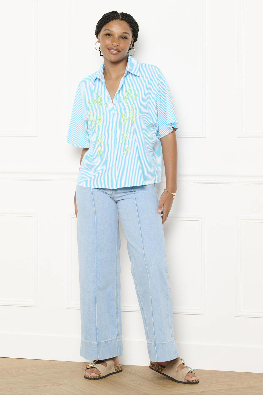 Blauw en groene dames LOLALIZA gestreepte blouse van polyester met driekwart mouwen, klassieke kraag, knoopsluiting en borduursels