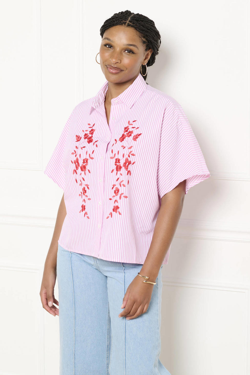 Lichtroze en rode dames LOLALIZA gestreepte blouse van polyester met driekwart mouwen, klassieke kraag, knoopsluiting en borduursels