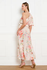 thumbnail: Ecru en rode dames Sanny x LOLALIZA x Wehkamp gebloemde maxi jurk van polyester met korte mouwen, one shoulder en ritssluiting