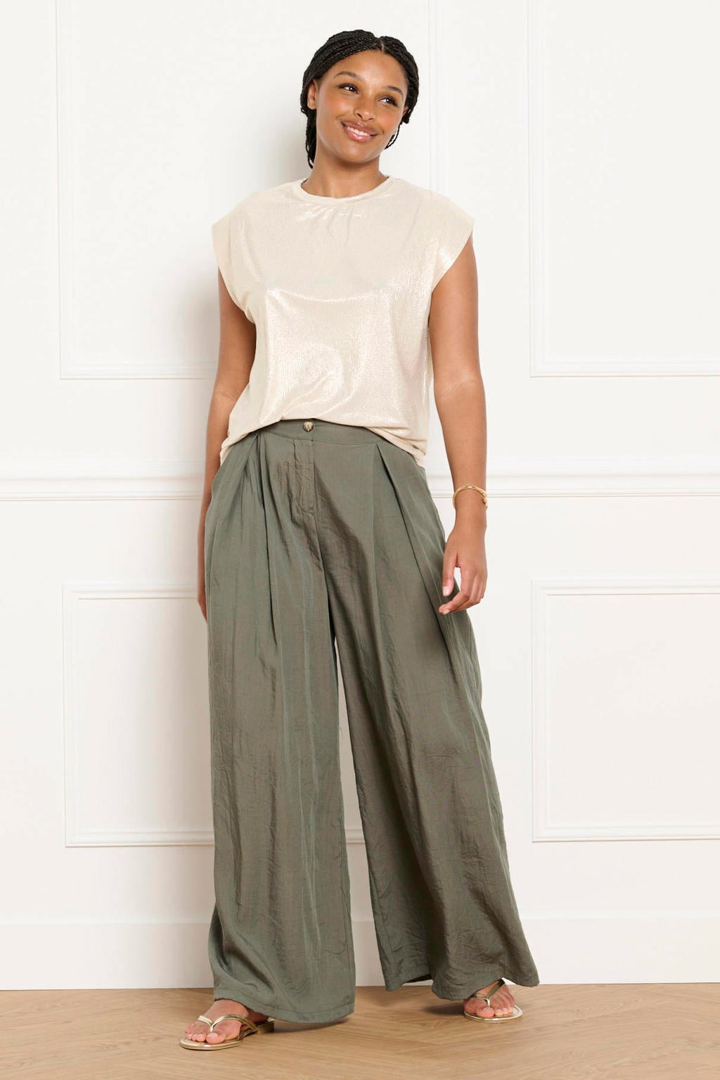 Champagne dames LOLALIZA top van polyester met effen, korte mouwen en ronde hals