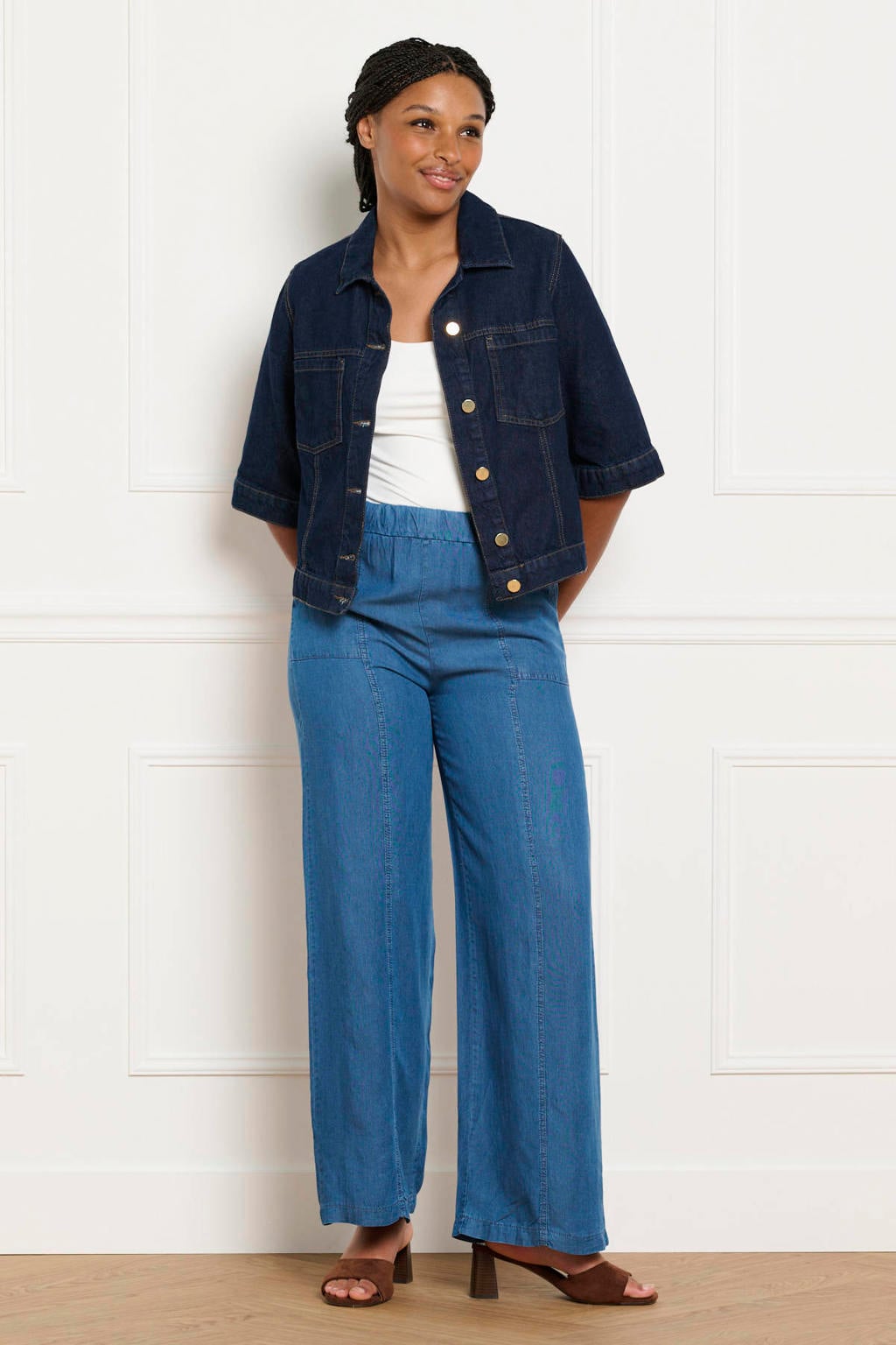 Medium blue denim dames LOLALIZA wide leg regular waist broek van lyocell met effen