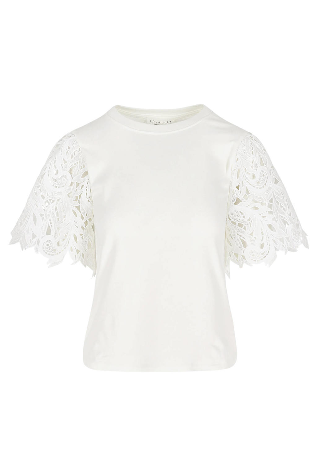 Witte dames Sanny x LOLALIZA x Wehkamp top met effen, korte mouwen, ronde hals en kant