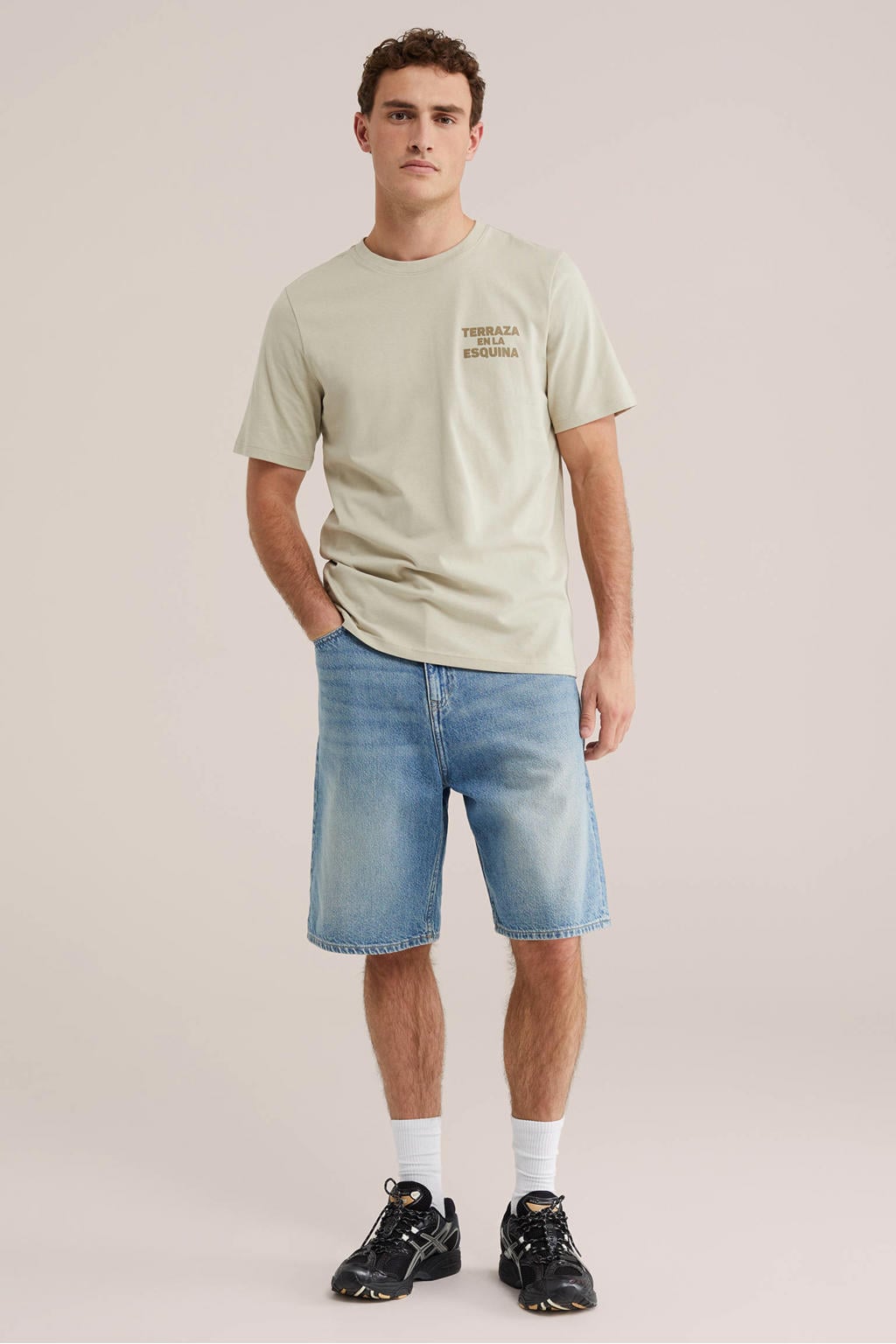 Beige heren WE Fashion regular fit T-shirt van katoen met korte mouwen en ronde hals