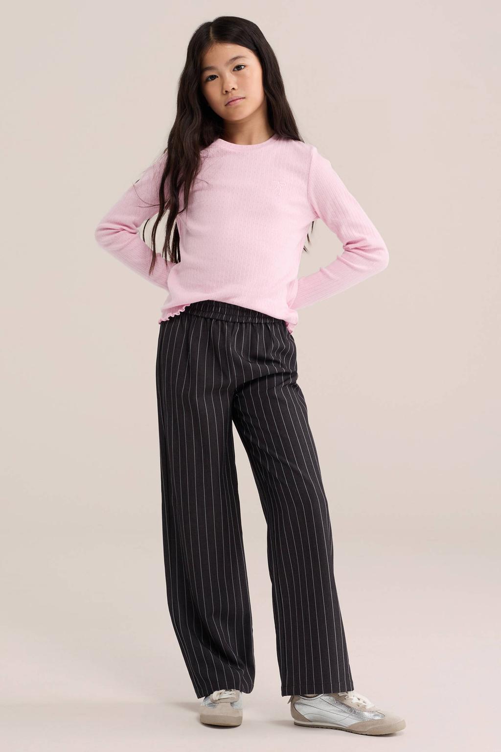 Antraciete meisjes WE Fashion straight leg gestreepte pantalon met elastische tailleband met koord
