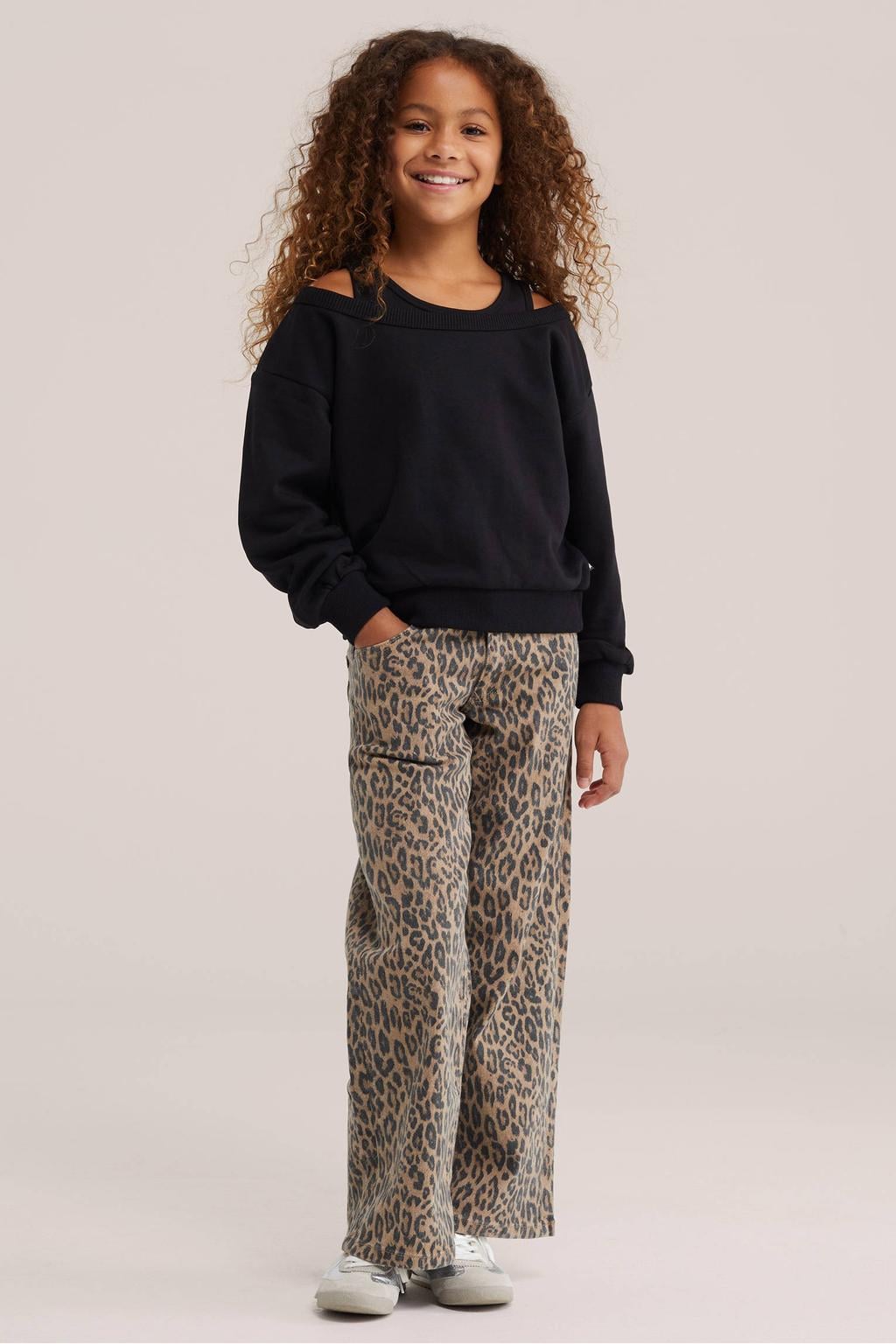 Bruine meisjes WE Fashion van katoen met wijde pijpen, regular waist, rits- en knoopsluiting en dierenprint