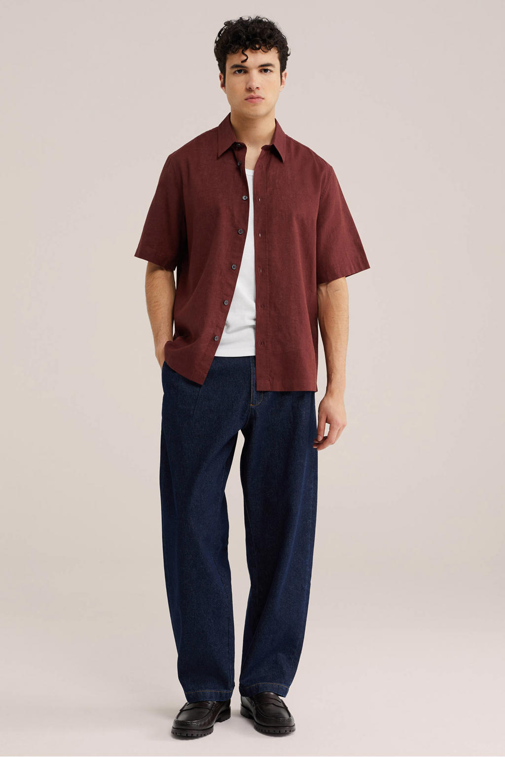 Rode heren WE Fashion relaxed casual overhemd van linnen met effen, korte mouwen, klassieke kraag en knoopsluiting