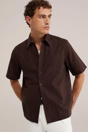 relaxed casual overhemd met linnen donkerbruin