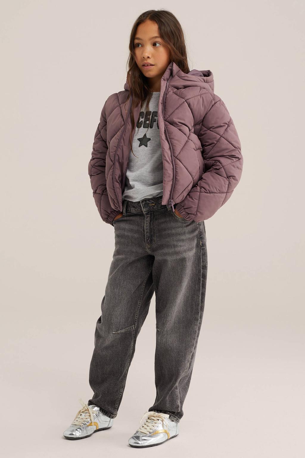 Oudroze meisjes WE Fashion gewatteerde jas van polyester met effen, lange mouwen, capuchon en ritssluiting