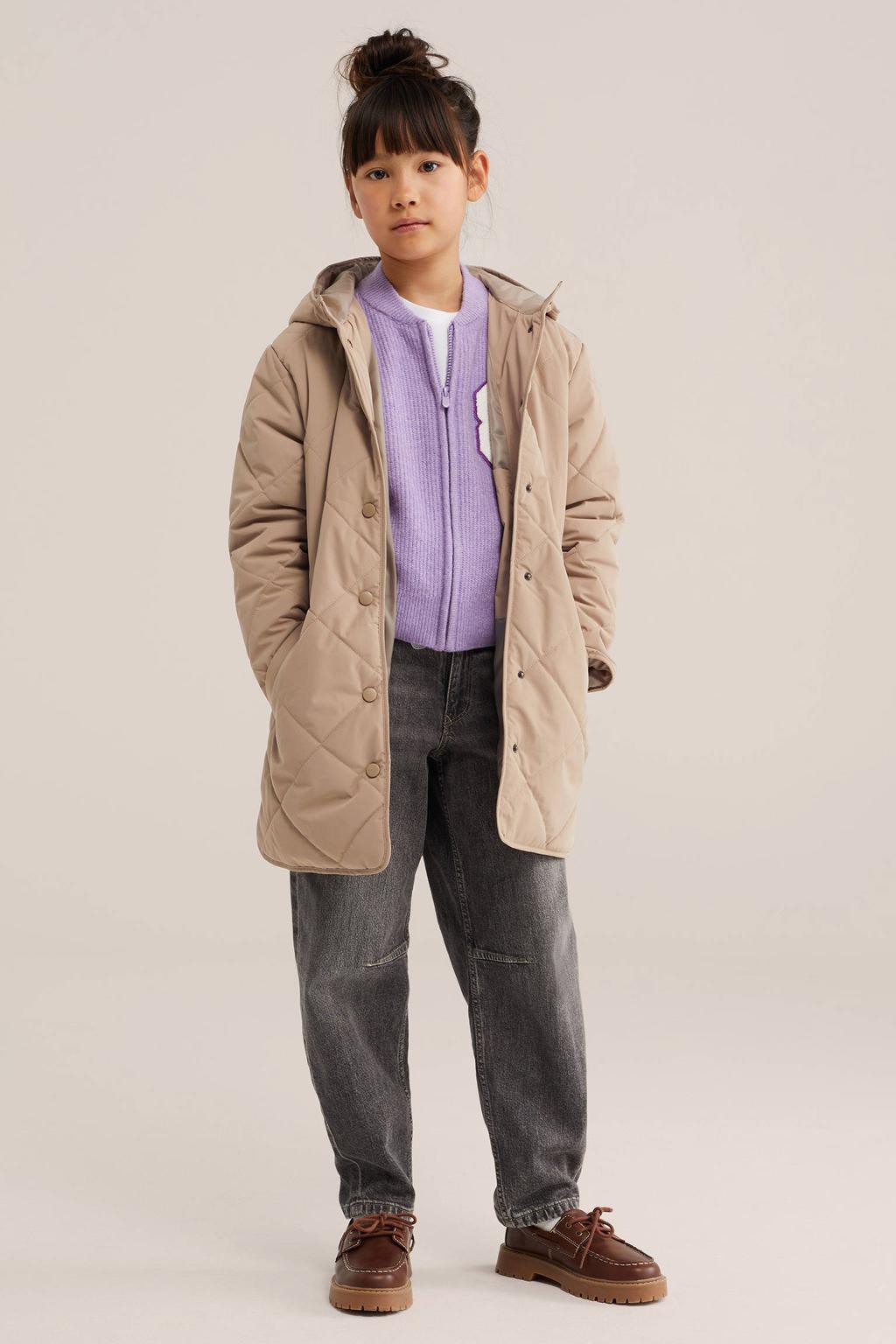 Beige meisjes WE Fashion quilted jas van polyester met effen, lange mouwen, capuchon en drukknoopsluiting