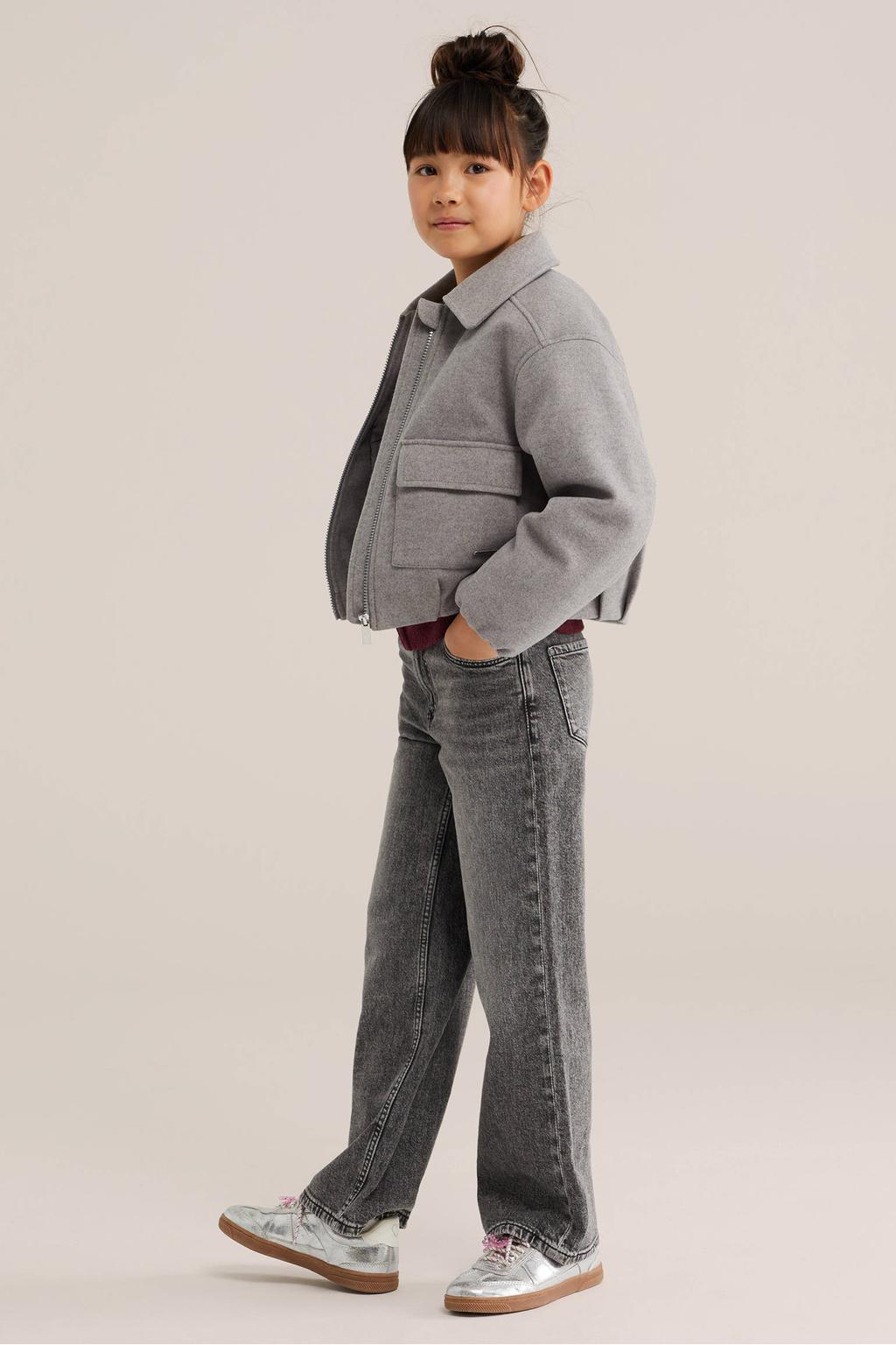Grijze meisjes WE Fashion tussenjas van polyester met effen, lange mouwen, klassieke kraag, ritssluiting en elastische boord