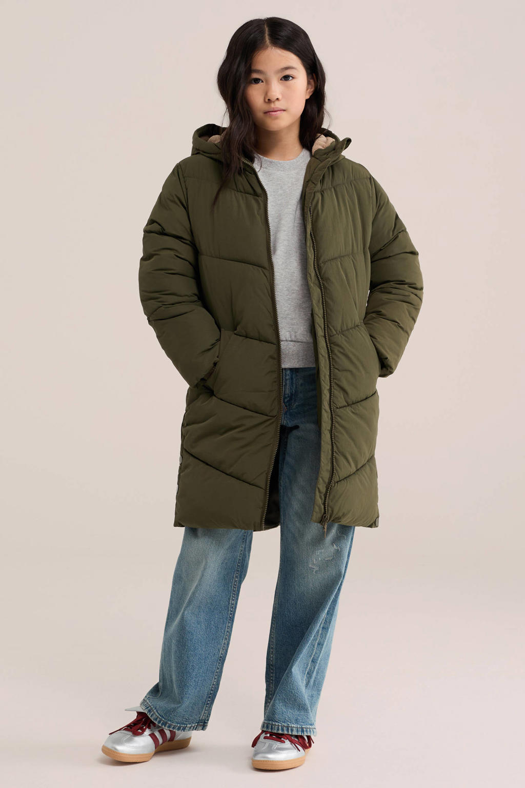 Kakikleurige meisjes WE Fashion winterjas van polyamide met effen, lange mouwen, capuchon en ritssluiting