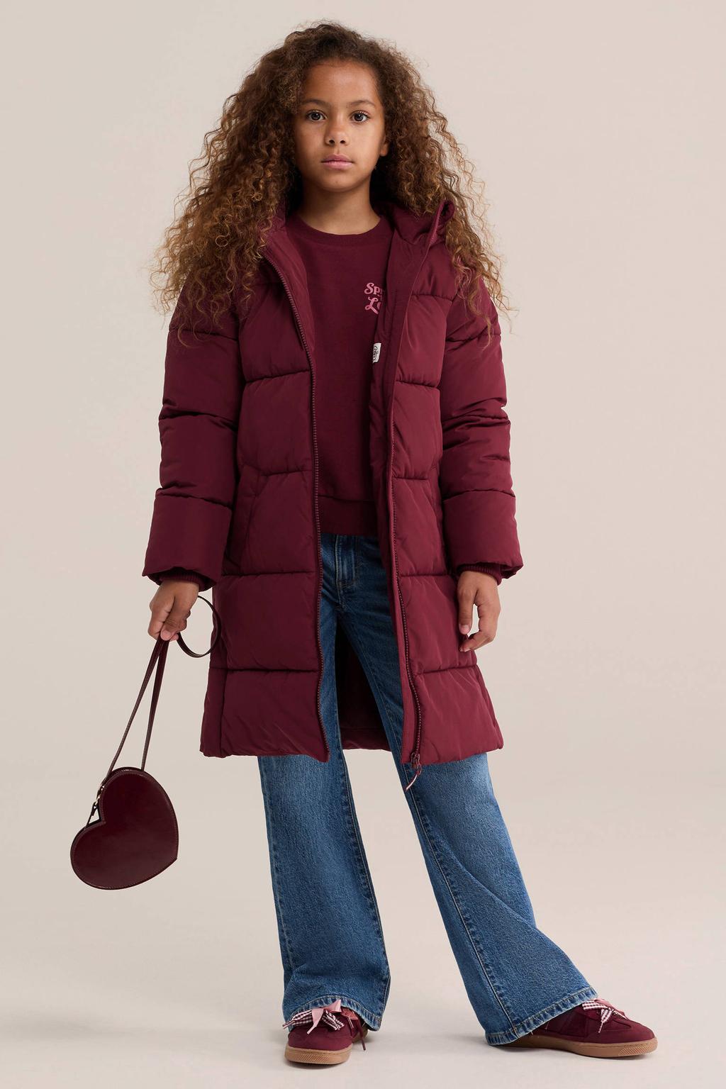 Donkerrode meisjes WE Fashion quilted winterjas van polyester met effen, lange mouwen, capuchon, ritssluiting en doorgestikte details