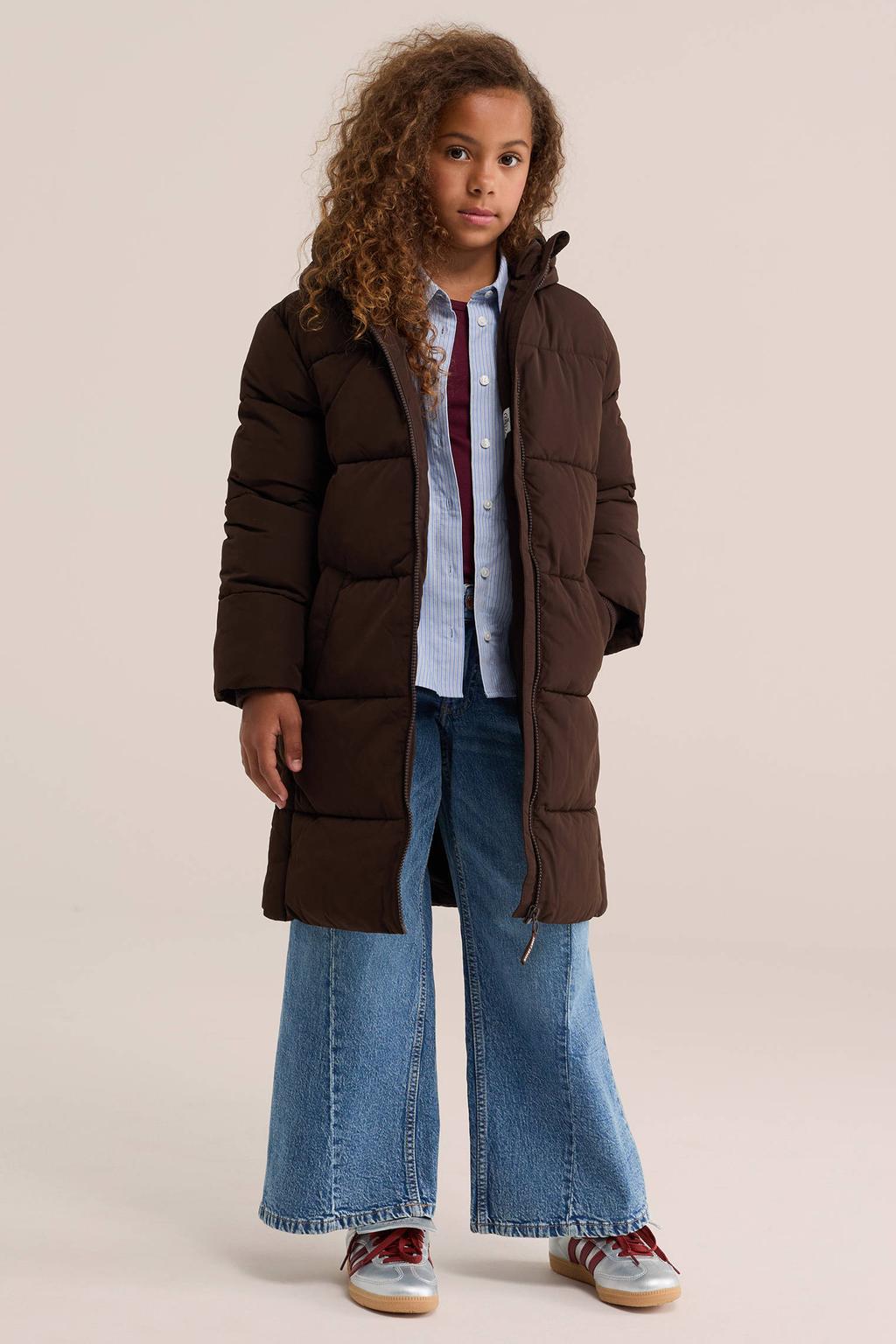 Donkerblauwe meisjes WE Fashion gewatteerde winterjas van polyester met effen, lange mouwen, capuchon en ritssluiting