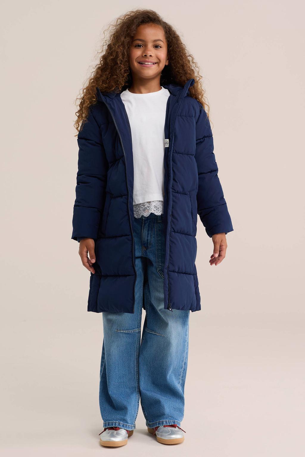 Donkerblauwe meisjes WE Fashion gewatteerde winterjas van polyester met effen, lange mouwen, capuchon en ritssluiting
