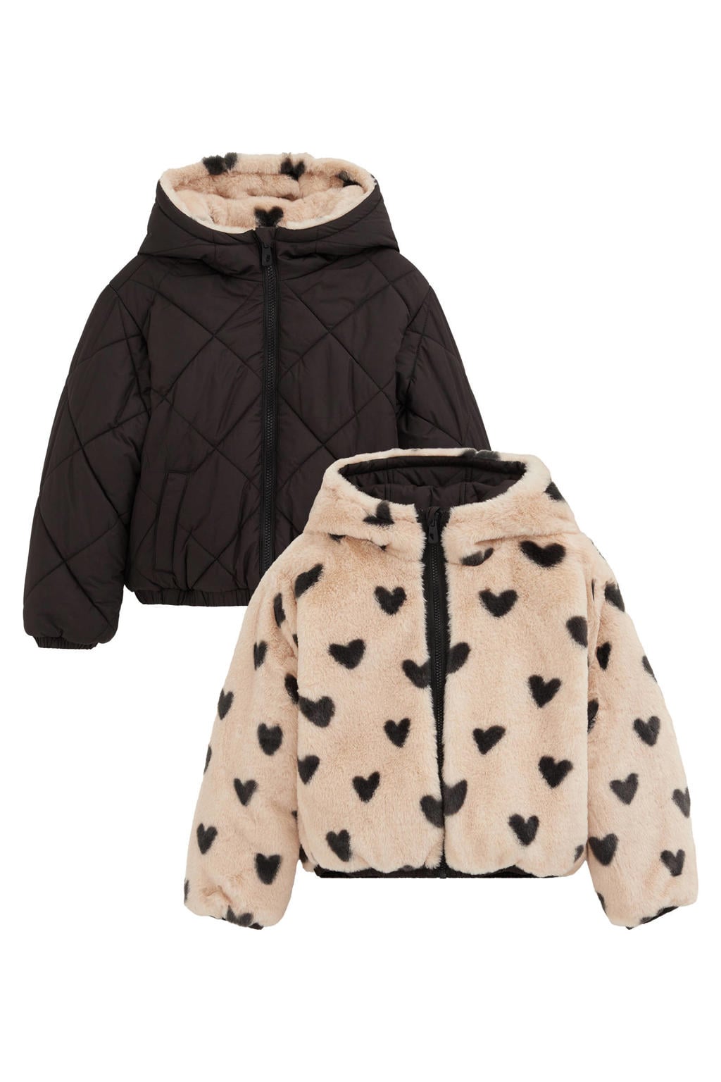 WE Fashion imitatiebont winterjas met hartjes - zwart