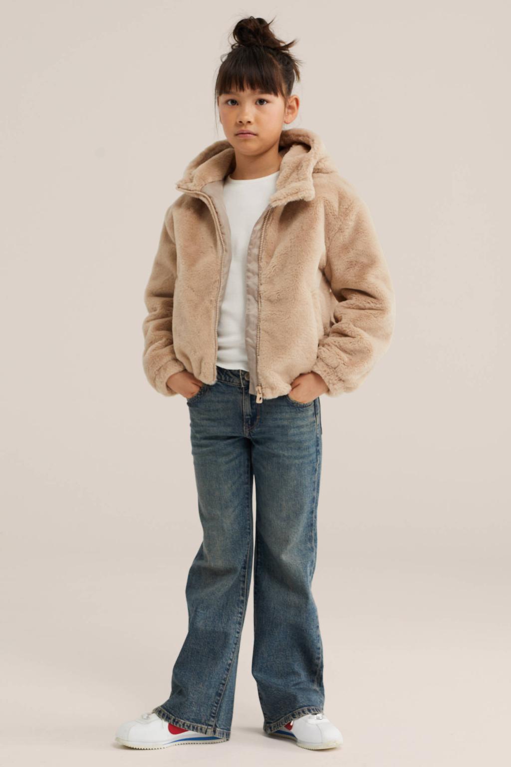 Beige meisjes WE Fashion tussenjas van polyester met effen, lange mouwen, capuchon, ritssluiting en elastische boord
