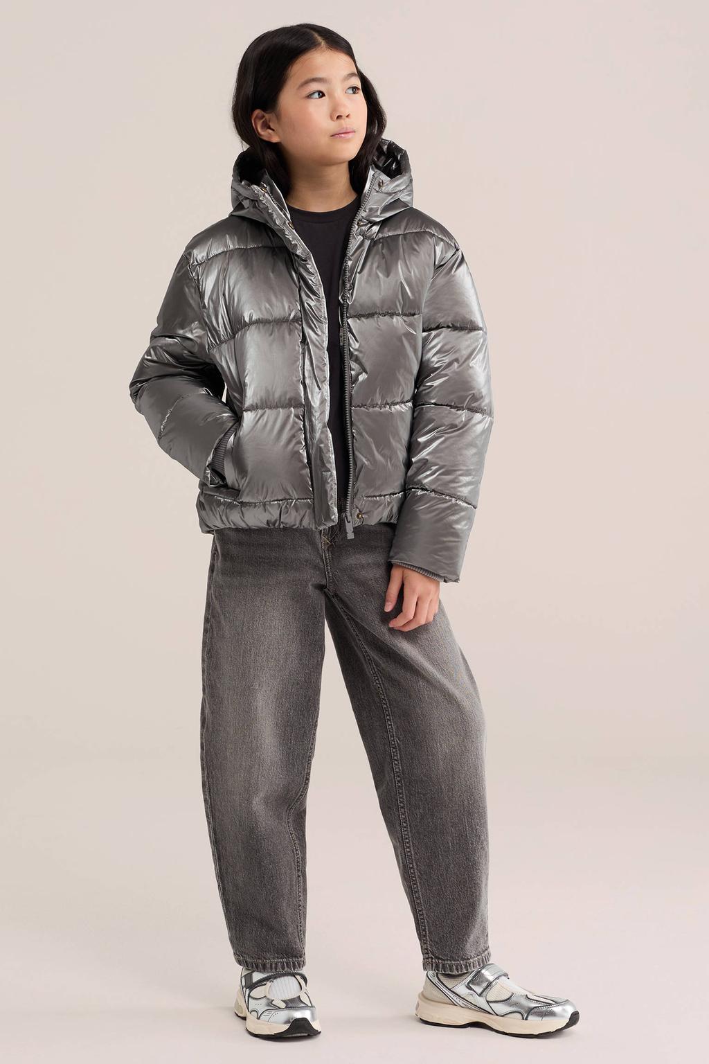Zilverkleurige meisjes WE Fashion quilted gewatteerde jas van nylon met effen, lange mouwen, opstaande kraag, rits- en drukknoopsluiting en doorgestikte details