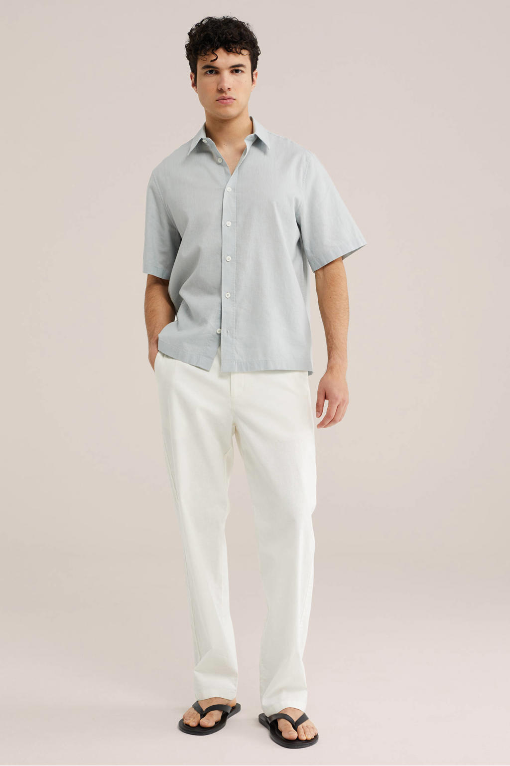 Mintgroene heren WE Fashion relaxed casual overhemd van linnen met effen, korte mouwen, klassieke kraag en knoopsluiting