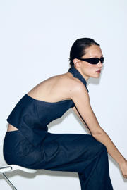 thumbnail: Mango wide leg regular waist broek dark blue denim