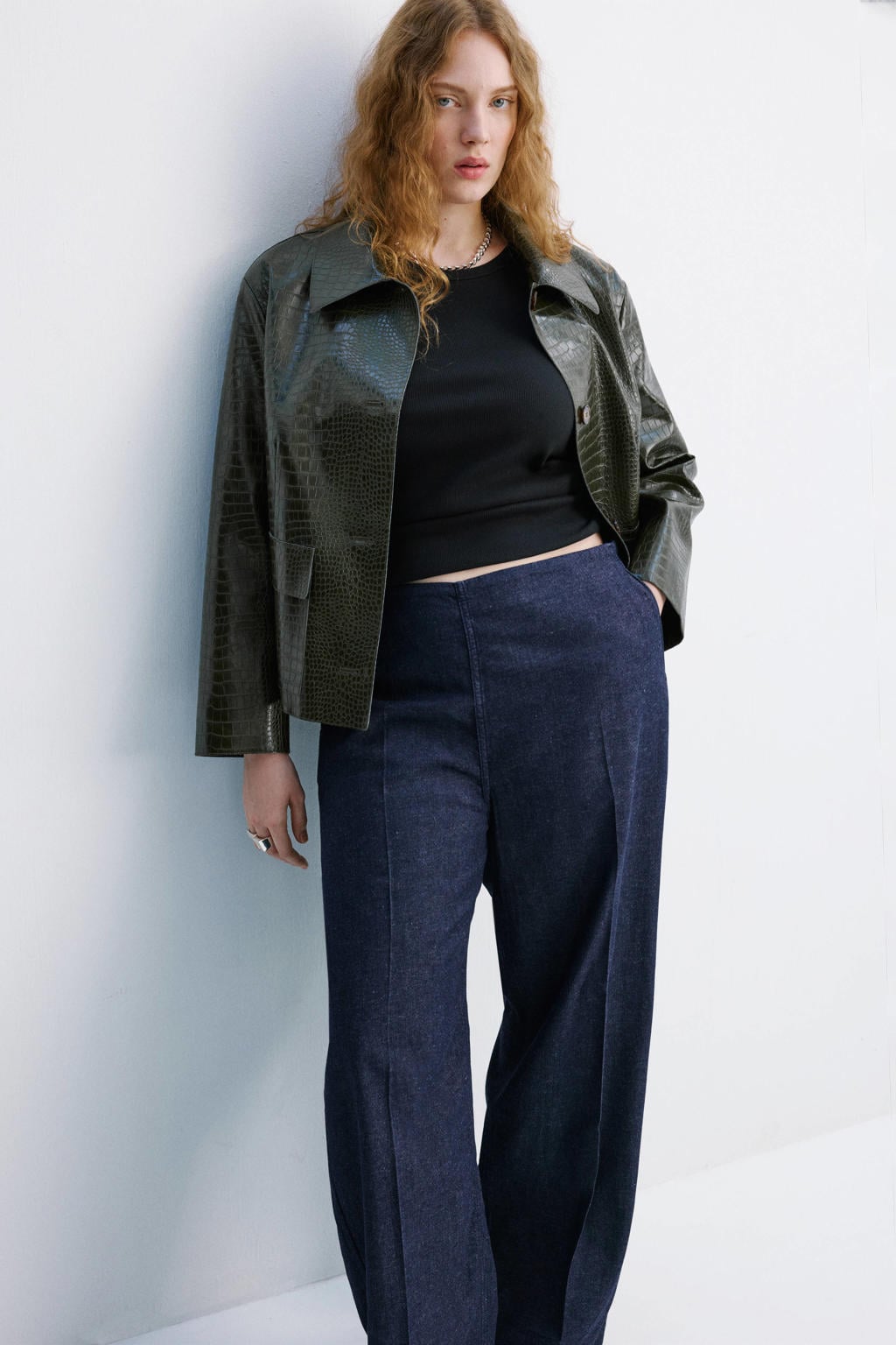 Dark blue denim dames Mango wide leg regular waist broek dark blue van katoen met ritssluiting en effen