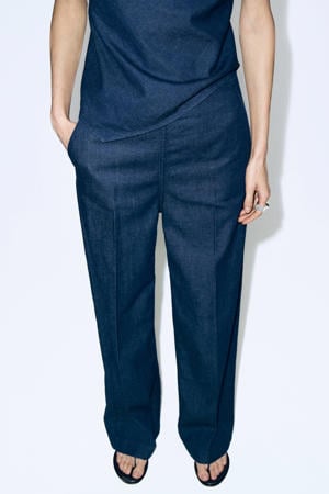 wide leg regular waist broek dark blue denim