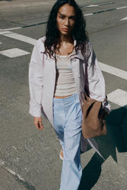 thumbnail: Mango straight regular waist broek met krijtstreep lichtblauw