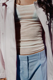 thumbnail: Mango straight regular waist broek met krijtstreep lichtblauw