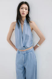 thumbnail: Mango wide leg high waist broek lichtblauw