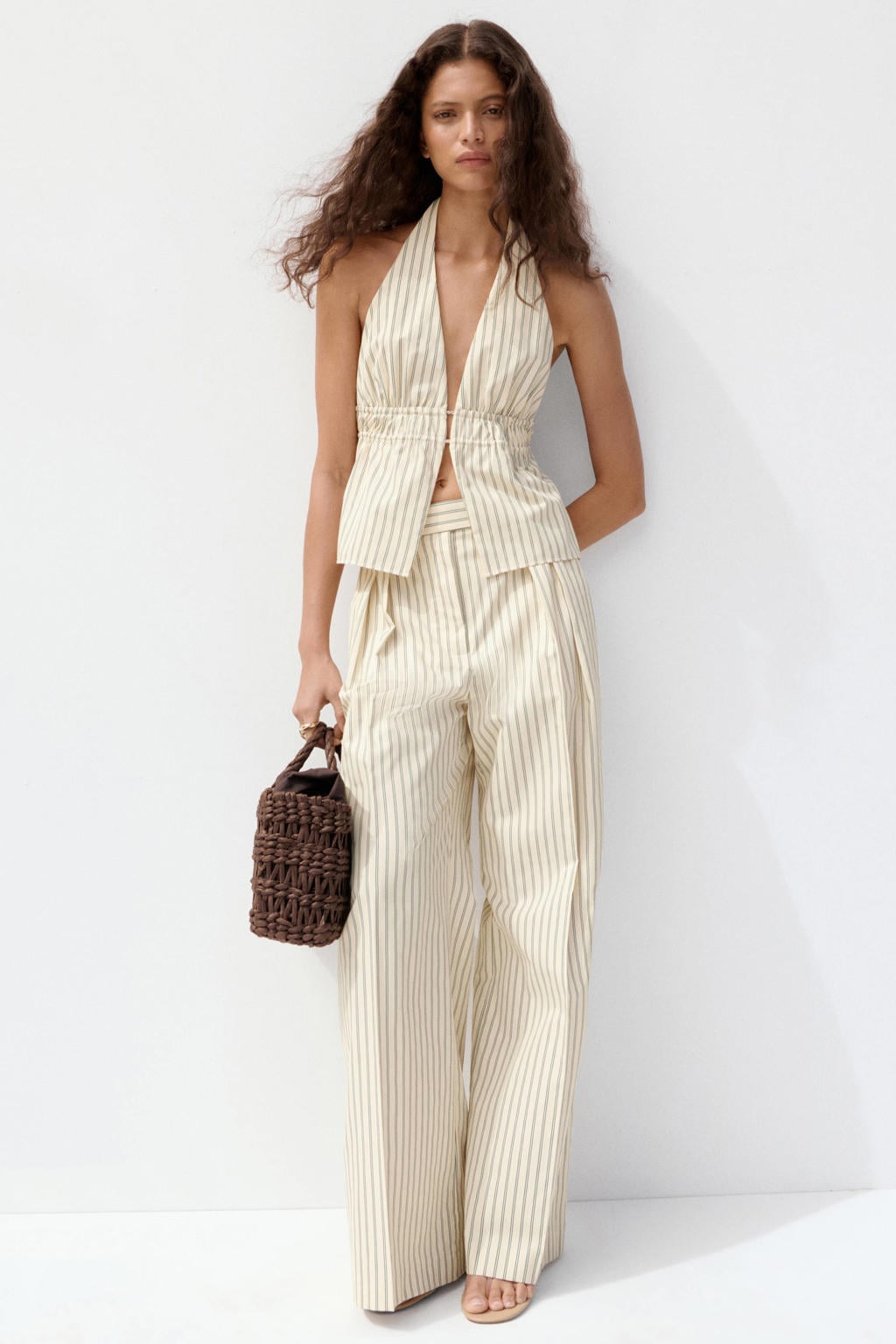 Lichtgele dames Mango straight regular waist gestreepte broek van polyester met rits- en haaksluiting