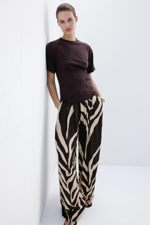 wide leg high waist casual broek met zebraprint bruin