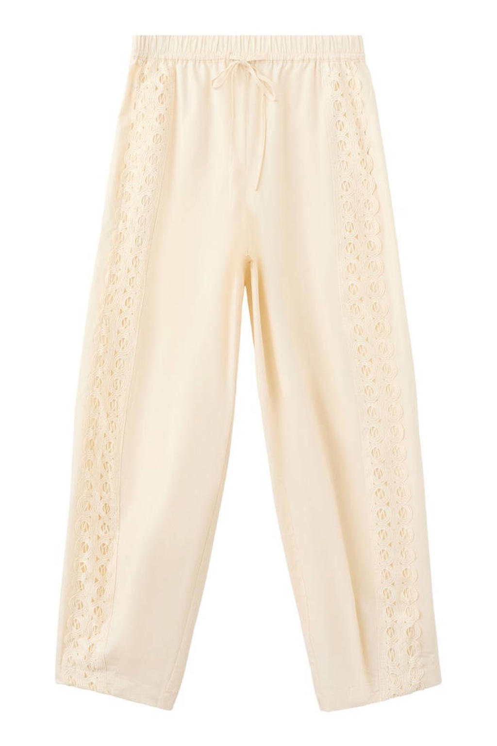 Beige dames Mango straight regular waist casual broek van katoen met effen