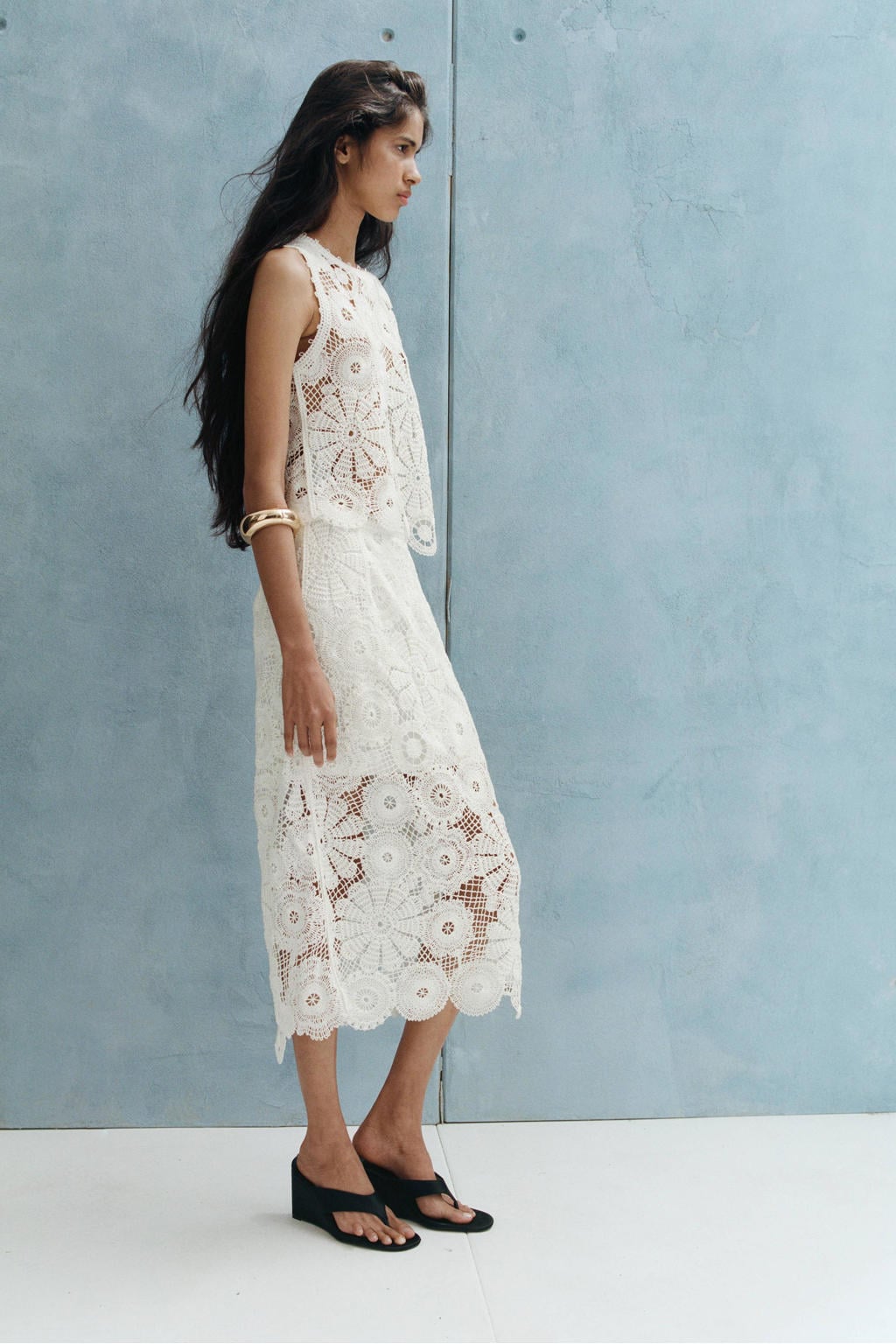 Witte dames Mango top crochet van polyester met effen, ronde hals en broderie