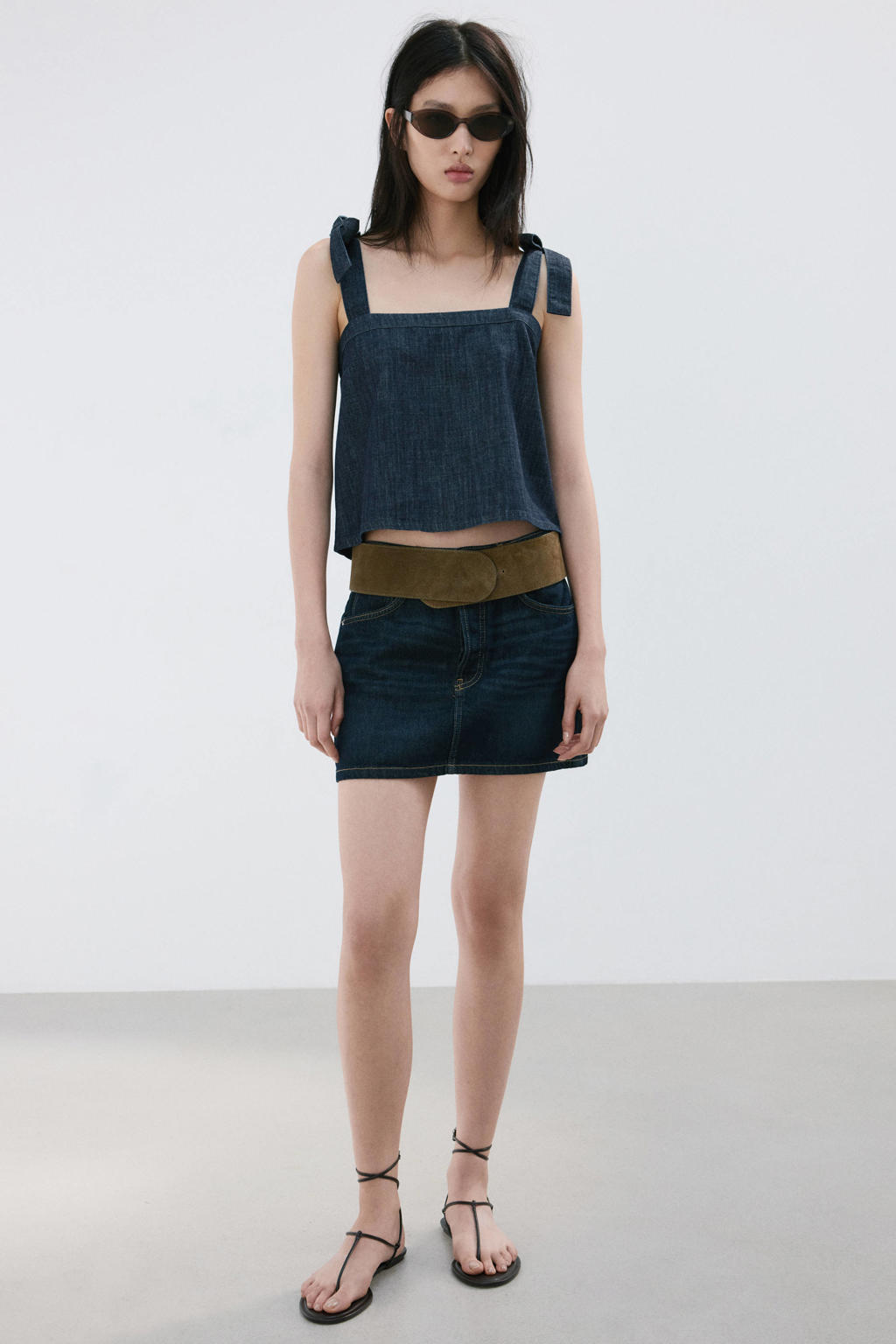 Dark blue denim dames Mango top dark blue met effen en vierkante hals