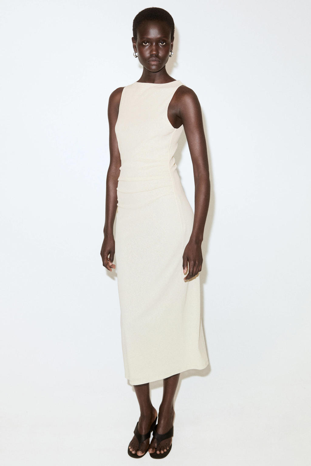 Ecru dames Mango midi jurk van polyester met effen en vierkante hals