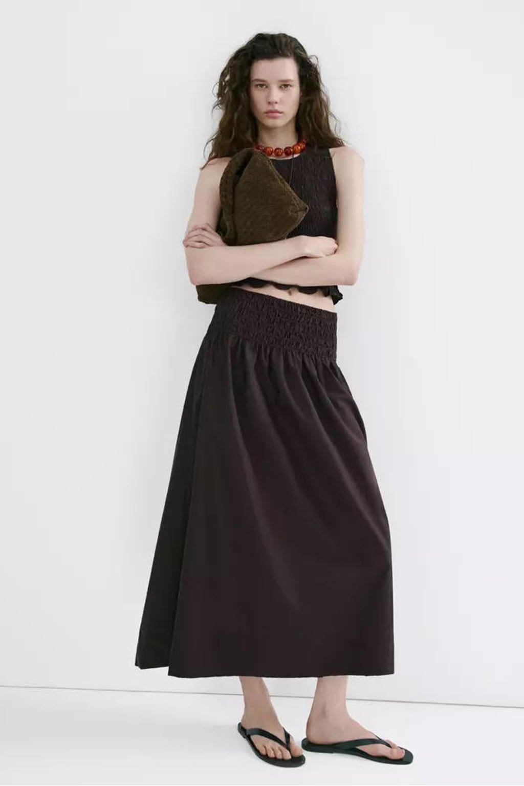 Mango midi rok donkerbruin
