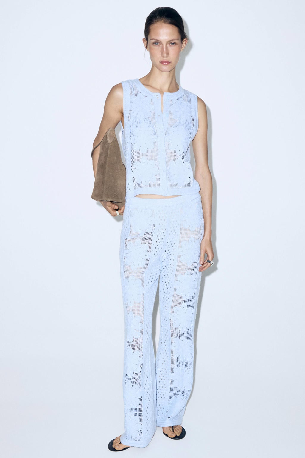Lichtblauwe dames Mango top met effen, ronde hals en borduursels