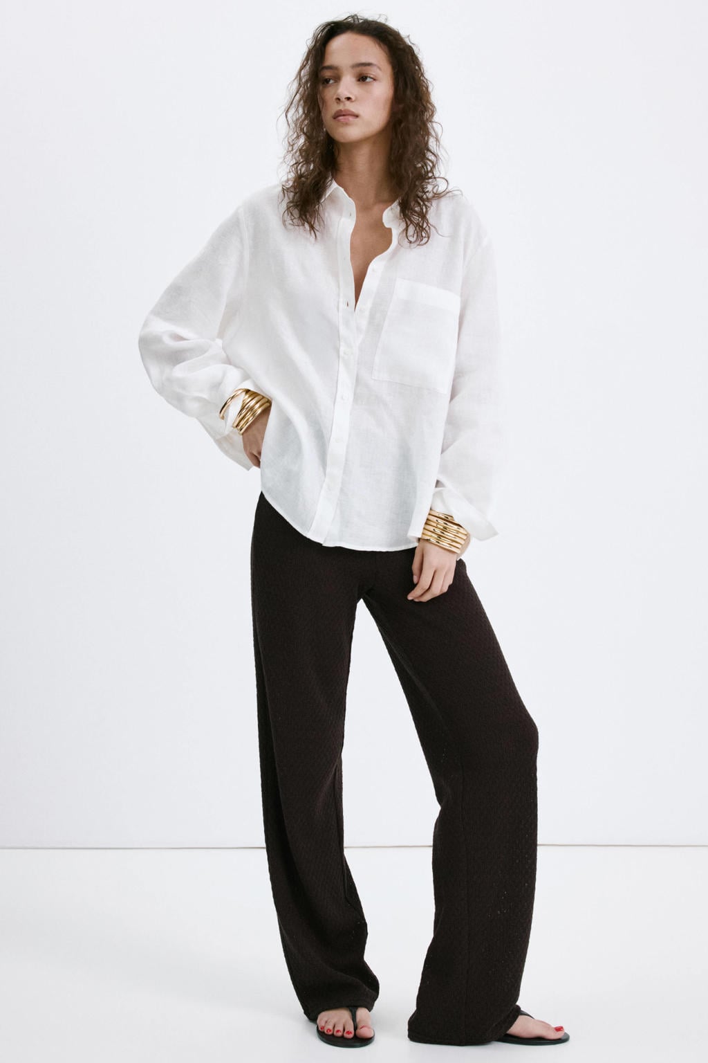 Bruine dames Mango wide leg regular waist broek met effen