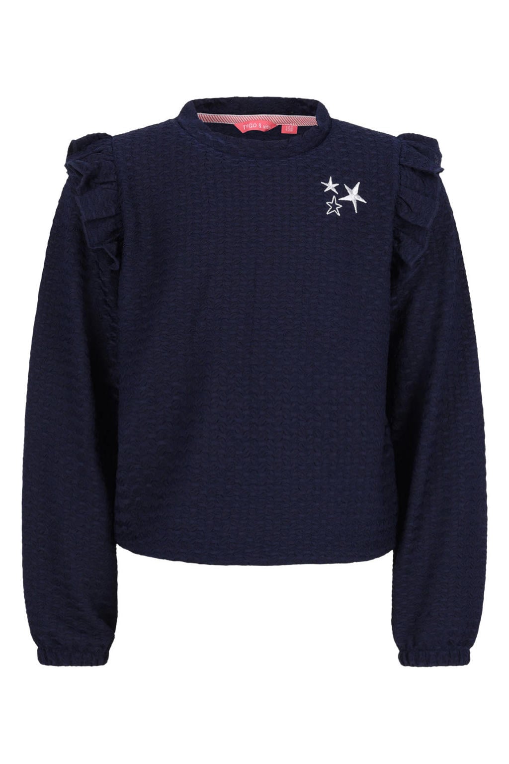 Donkerblauwe meisjes TYGO & vito blousetop van polyester met effen, lange mouwen, ronde hals en ruches